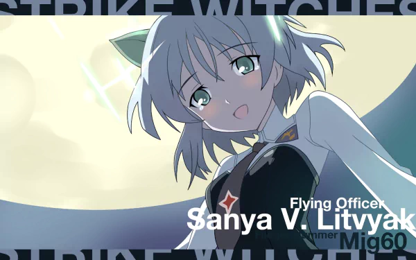 HD anime desktop wallpaper featuring Sanya V. Litvyak from Strike Witches, depicted in her Flying Officer uniform with a Mig-60 background.