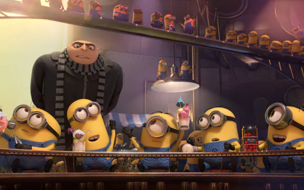 Gru from *Despicable Me* stands amidst a lively group of Minions in this HD wallpaper from *Despicable Me 2*, capturing the fun and chaos of their adventures together.