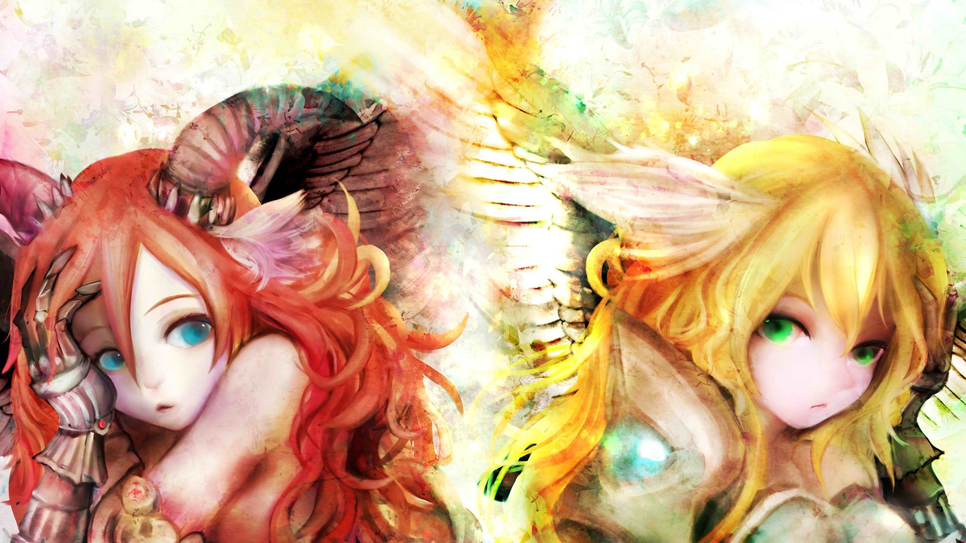 HD wallpaper featuring two anime girls with vibrant, colorful wings in an artistic, fantasy-style background.