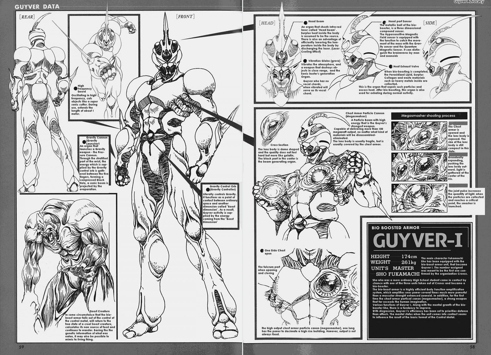 Black-and-white anime technical sheet of Guyver-I from Guyver: The Bioboosted Armor — 2K Quad HD PC desktop wallpaper featuring full-body poses, head studies and annotated notes.