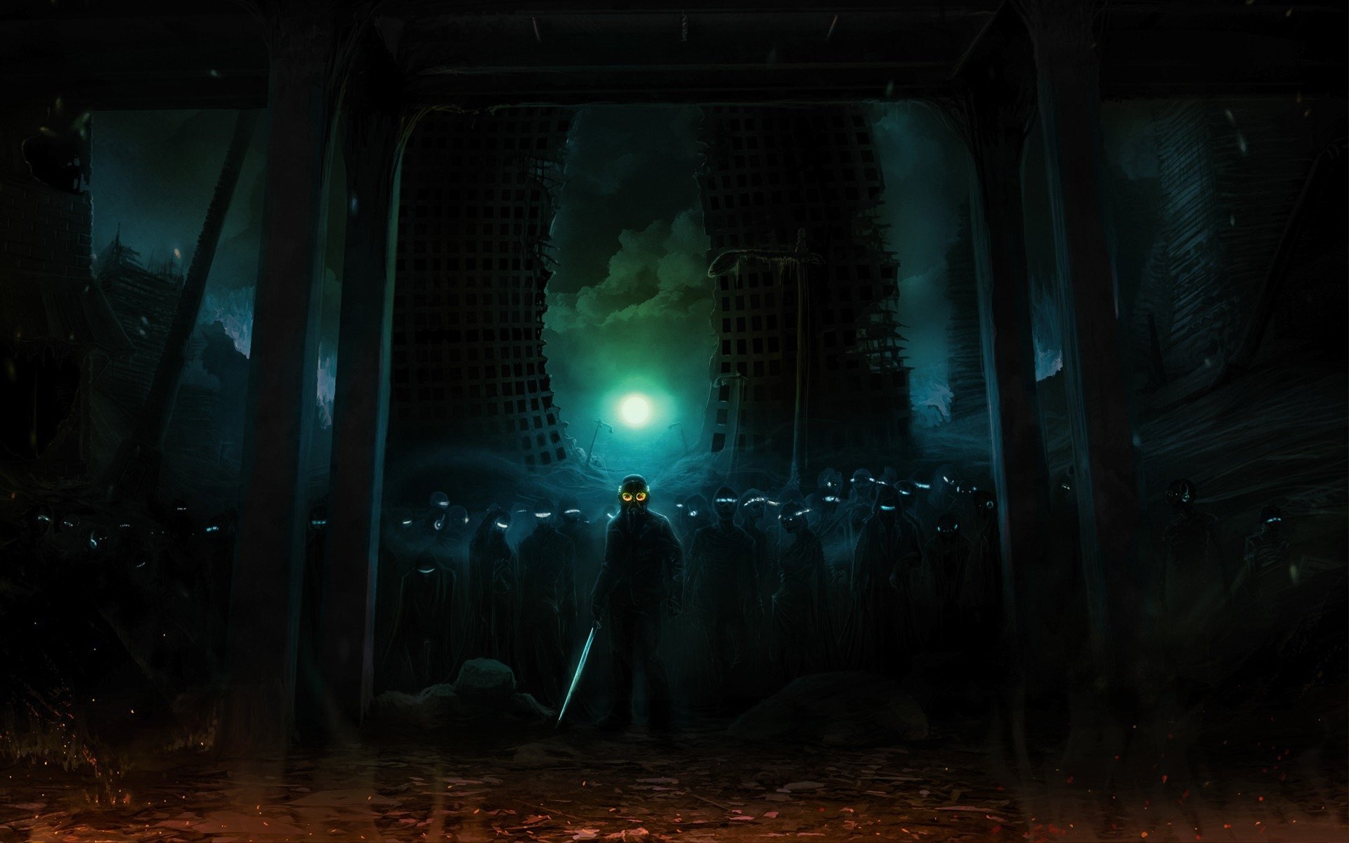 Dark, atmospheric HD PC desktop wallpaper from the comic Romantically Apocalyptic, featuring a lone figure facing a glowing orb amid shadowy surroundings.