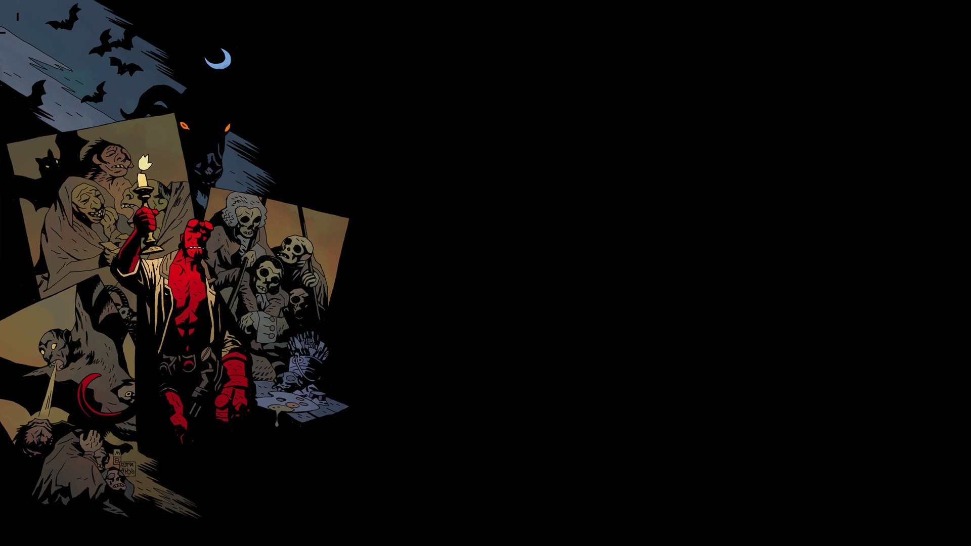 HD PC desktop wallpaper featuring Hellboy in a dark, comic-style scene with detailed, shadowed characters and atmospheric background elements.