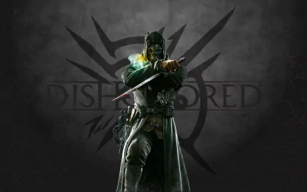 Corvo Attano stands ready with a sword, surrounded by a vibrant glow, against a dark backdrop featuring the Dishonored logo, creating an intense HD wallpaper scene.