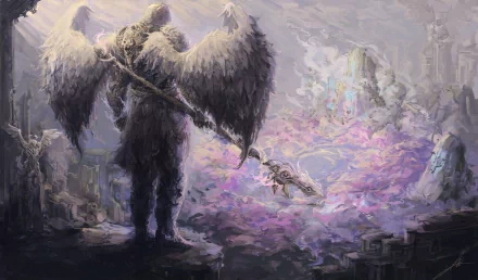 A powerful angel warrior with dark wings stands on a rocky ledge overlooking a mystical, pastel-colored fantasy landscape. 4K Ultra HD PC desktop wallpaper.