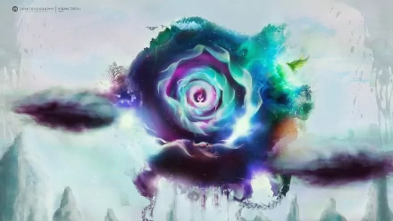 Artistic HD PC desktop wallpaper artwork: a surreal, watercolor-style cosmic rose nebula in teal, purple and blue, hovering over misty cliffs with dripping paint textures.