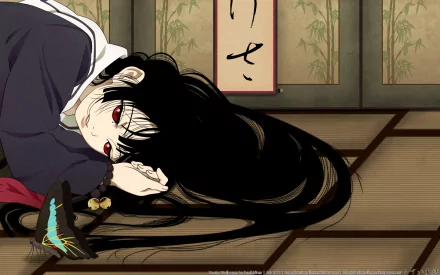 HD PC desktop wallpaper featuring an anime-style character from Jigoku Shōjo lying on a traditional tatami floor with a butterfly resting nearby.