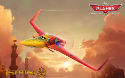 Ishani, the colorful racing airplane from Disney's Planes, soars through a golden sky — HD movie desktop wallpaper and background.