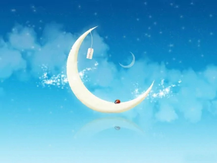 HD desktop wallpaper featuring a crescent moon with a hanging lantern and a small beetle resting on its curve against a bright, dreamy blue sky.