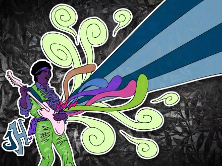 Illustration of Jimi Hendrix playing guitar with colorful swirls and blue rays, designed as an HD PC desktop wallpaper celebrating Hendrix and music.