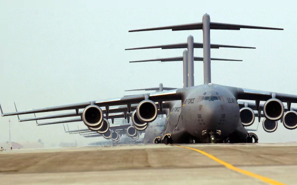 A formation of Boeing C-17 Globemaster III military cargo planes lined up on a runway, captured in high definition as a desktop wallpaper background.
