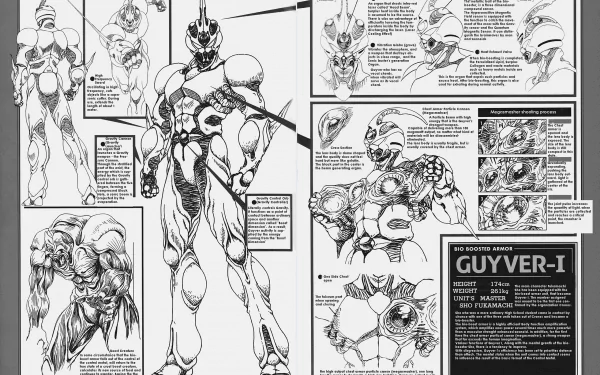 Black-and-white anime technical sheet of Guyver-I from Guyver: The Bioboosted Armor — 2K Quad HD PC desktop wallpaper featuring full-body poses, head studies and annotated notes.