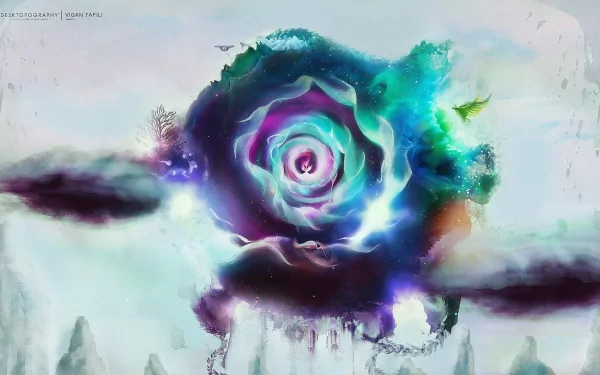Artistic HD PC desktop wallpaper artwork: a surreal, watercolor-style cosmic rose nebula in teal, purple and blue, hovering over misty cliffs with dripping paint textures.