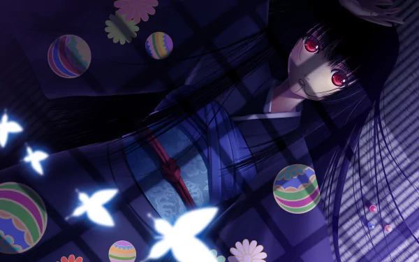 HD PC desktop wallpaper featuring a dark, atmospheric anime scene from Jigoku Shōjo with the character surrounded by glowing butterflies and colorful orbs.