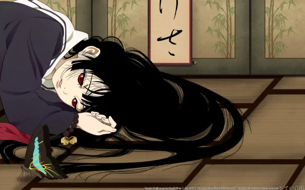 HD PC desktop wallpaper featuring an anime-style character from Jigoku Shōjo lying on a traditional tatami floor with a butterfly resting nearby.