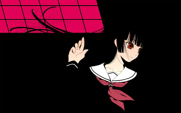 HD PC desktop wallpaper featuring anime character from Jigoku Shōjo with striking red eyes and black hair against a dark background with vivid red accents.