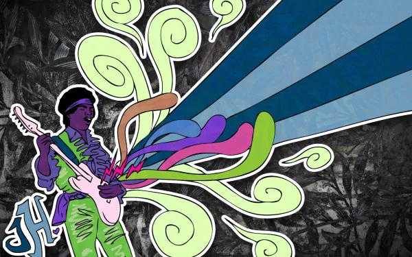 Illustration of Jimi Hendrix playing guitar with colorful swirls and blue rays, designed as an HD PC desktop wallpaper celebrating Hendrix and music.