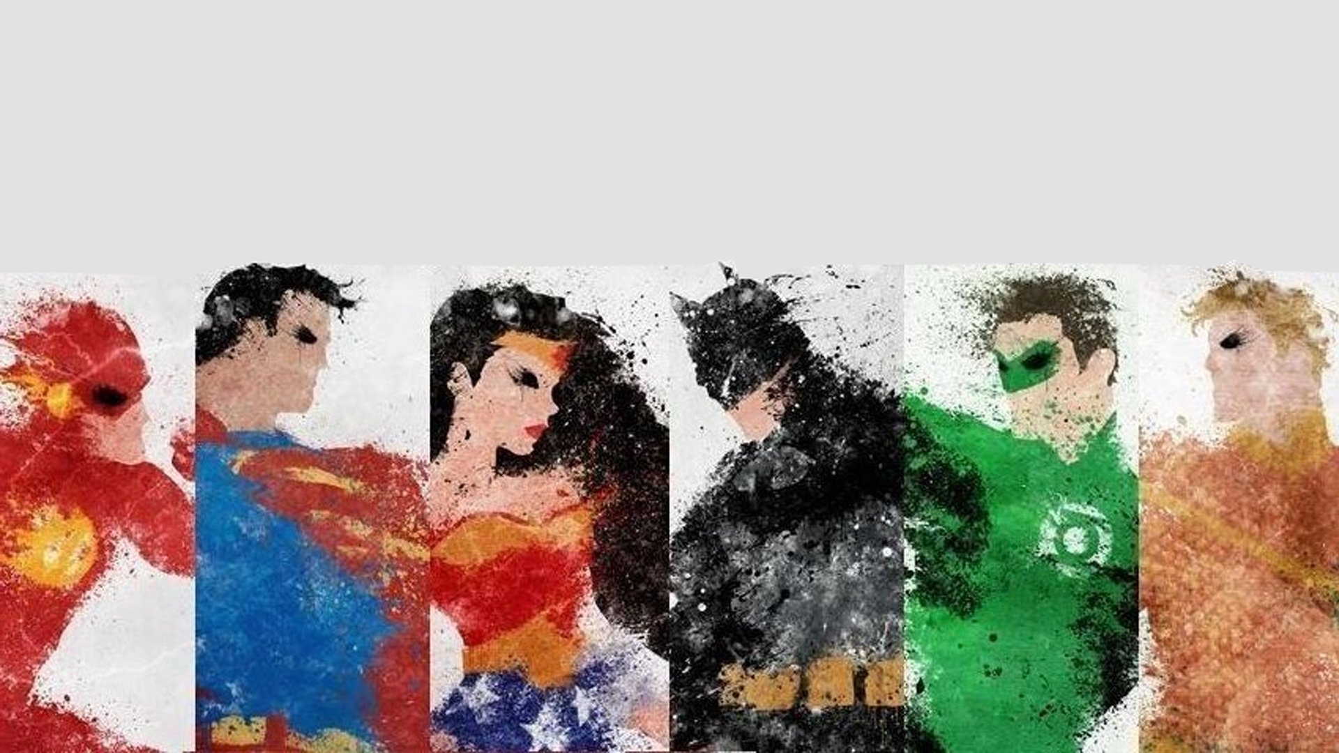 HD PC desktop wallpaper featuring artistic portraits of Justice League heroes: Flash, Superman, Wonder Woman, Batman, Green Lantern (Hal Jordan), and Aquaman in a comic style.