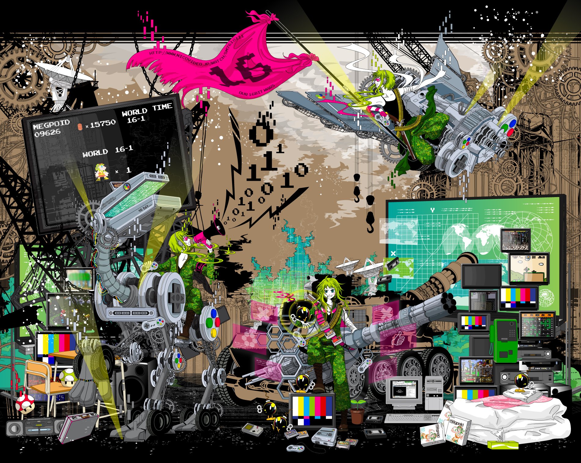 HD PC desktop wallpaper featuring a dynamic song illustration of GUMI (Vocaloid) in an intricate anime-style digital environment with mechanical and binary elements.