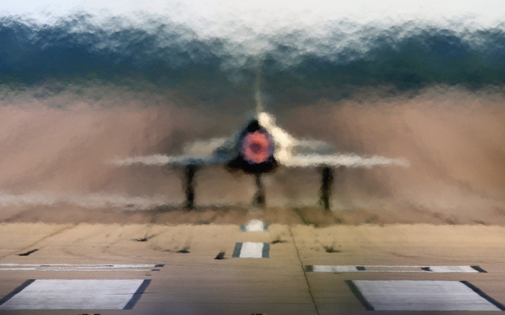 HD PC desktop wallpaper and background: military jet taxiing toward viewer on runway with heat haze at an air show, blurred motion and visible runway markings.
