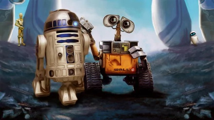A vibrant HD wallpaper featuring a crossover of R2-D2 and Wall·E, set against a sci-fi backdrop. The iconic robots stand together, blending worlds from their respective movies.