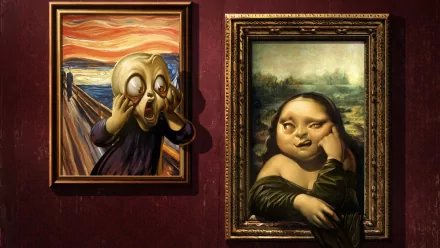HD desktop wallpaper featuring humorous takes on famous paintings: Edvard Munch's The Scream and Leonardo da Vinci's Mona Lisa, displayed in elegant frames on a maroon wall.