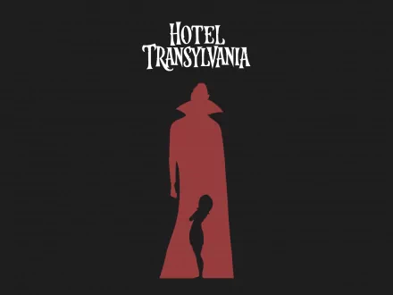 A stylized HD desktop wallpaper featuring characters from Hotel Transylvania, with a striking silhouette in red against a dark background.