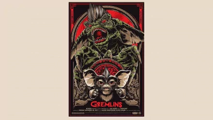HD PC desktop wallpaper of the Gremlins movie poster: Gizmo front and center with a snarling gremlin looming above on a red-and-black stylized background.