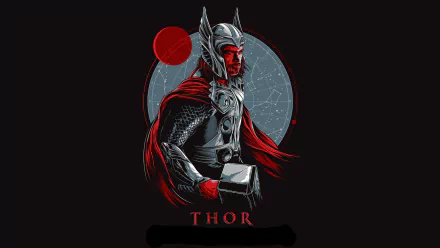 HD PC desktop wallpaper showing stylized Thor from the movie Thor: The Dark World in silver armor and red cape, gripping Mjolnir against a circular cosmic backdrop.