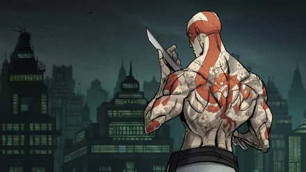 HD PC desktop wallpaper featuring a heavily tattooed ninja from the video game Mark of the Ninja, standing against a dark cityscape background.
