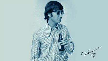 A vintage-style HD desktop wallpaper featuring a contemplative John Lennon holding a bottle, showcasing his iconic look as a member of The Beatles.