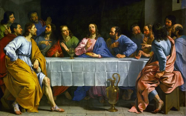 HD desktop wallpaper depicting a religious scene of Jesus and his disciples at the Last Supper, richly colored and detailed.