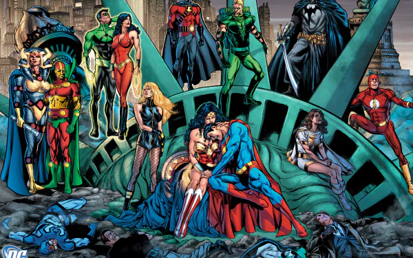 Wally West New York Statue of Liberty Big Barda Mister Miracle Wonder Girl Green Lantern Flash Superman Wonder Woman Black Canary Batman Green Arrow Comic Justice League HD Desktop Wallpaper | Background Image