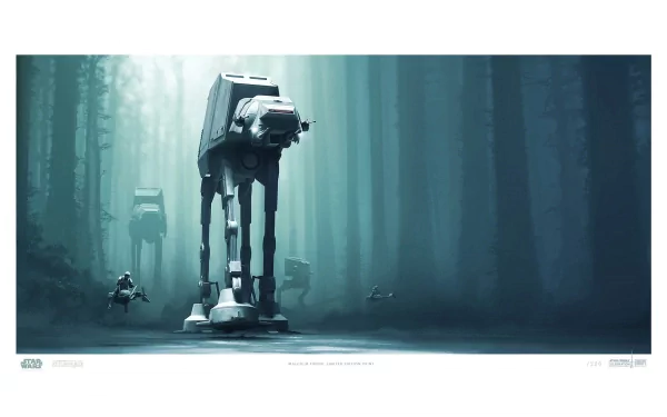 An AT-AT Walker from Star Wars Episode VI: Return of the Jedi stands menacingly in a misty forest, showcasing the iconic design in this HD PC desktop wallpaper.