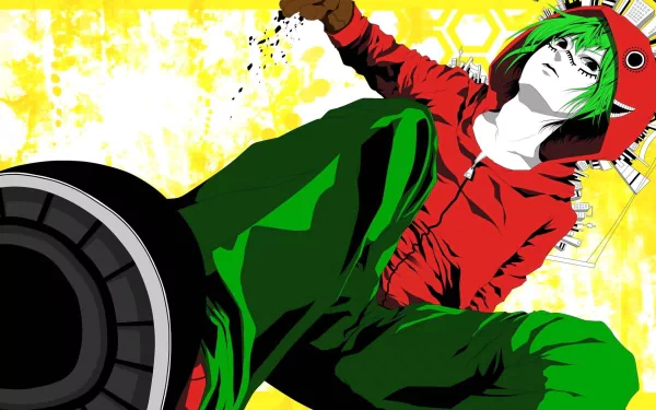 Matryoshka (Vocaloid) song illustration of GUMI (Vocaloid): anime-style HD wallpaper of GUMI in a frog-hood red jacket and green pants striking a pose by a speaker on a yellow patterned background.
