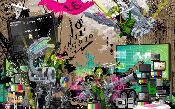HD PC desktop wallpaper featuring a dynamic song illustration of GUMI (Vocaloid) in an intricate anime-style digital environment with mechanical and binary elements.