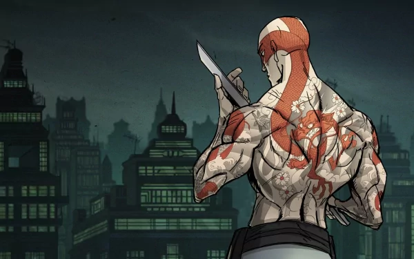 HD PC desktop wallpaper featuring a heavily tattooed ninja from the video game Mark of the Ninja, standing against a dark cityscape background.