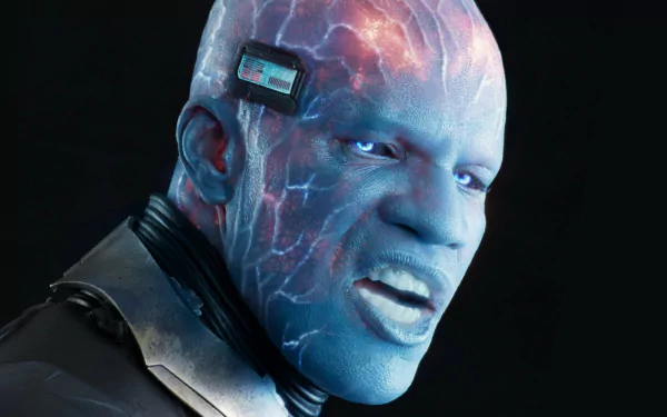 HD desktop wallpaper featuring Electro from Marvel Comics, depicted in the movie The Amazing Spider-Man 2, showcasing his electrifying blue skin and glowing facial veins against a dark background.