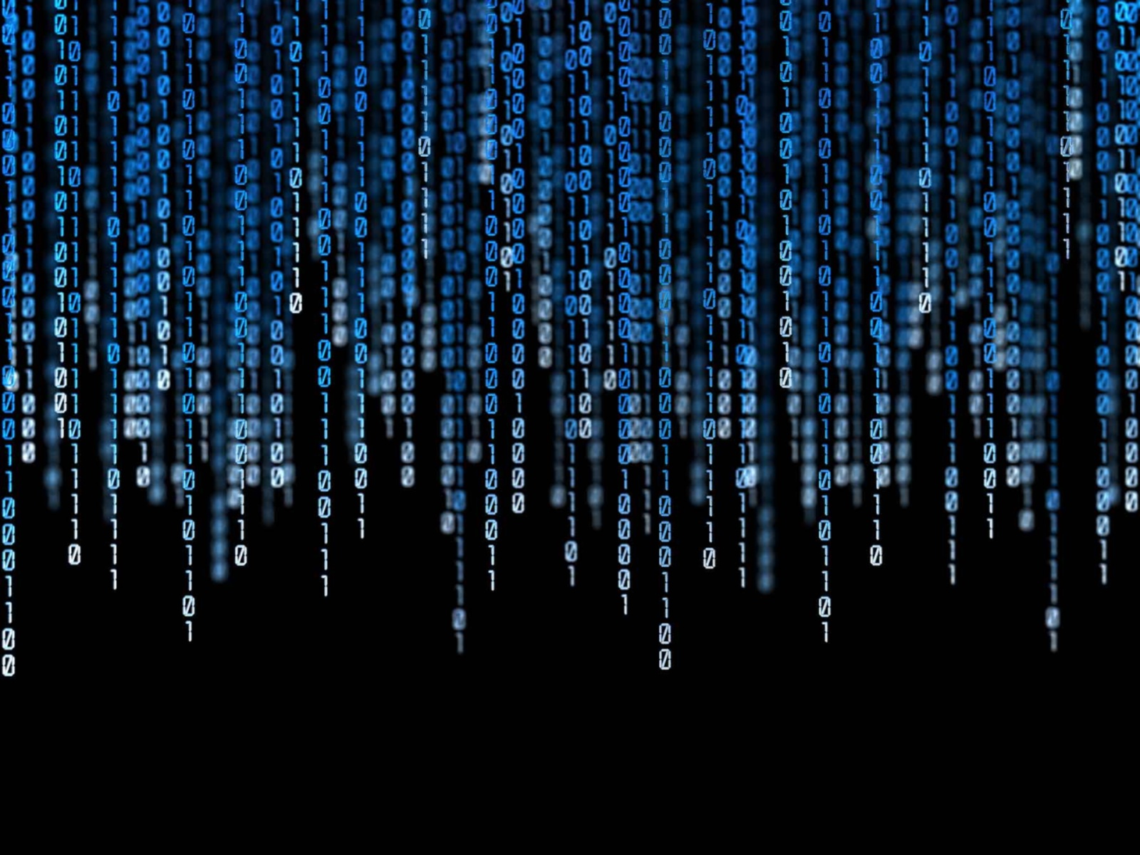 HD wallpaper featuring a digital rain of binary code, representing programming, on a black background.