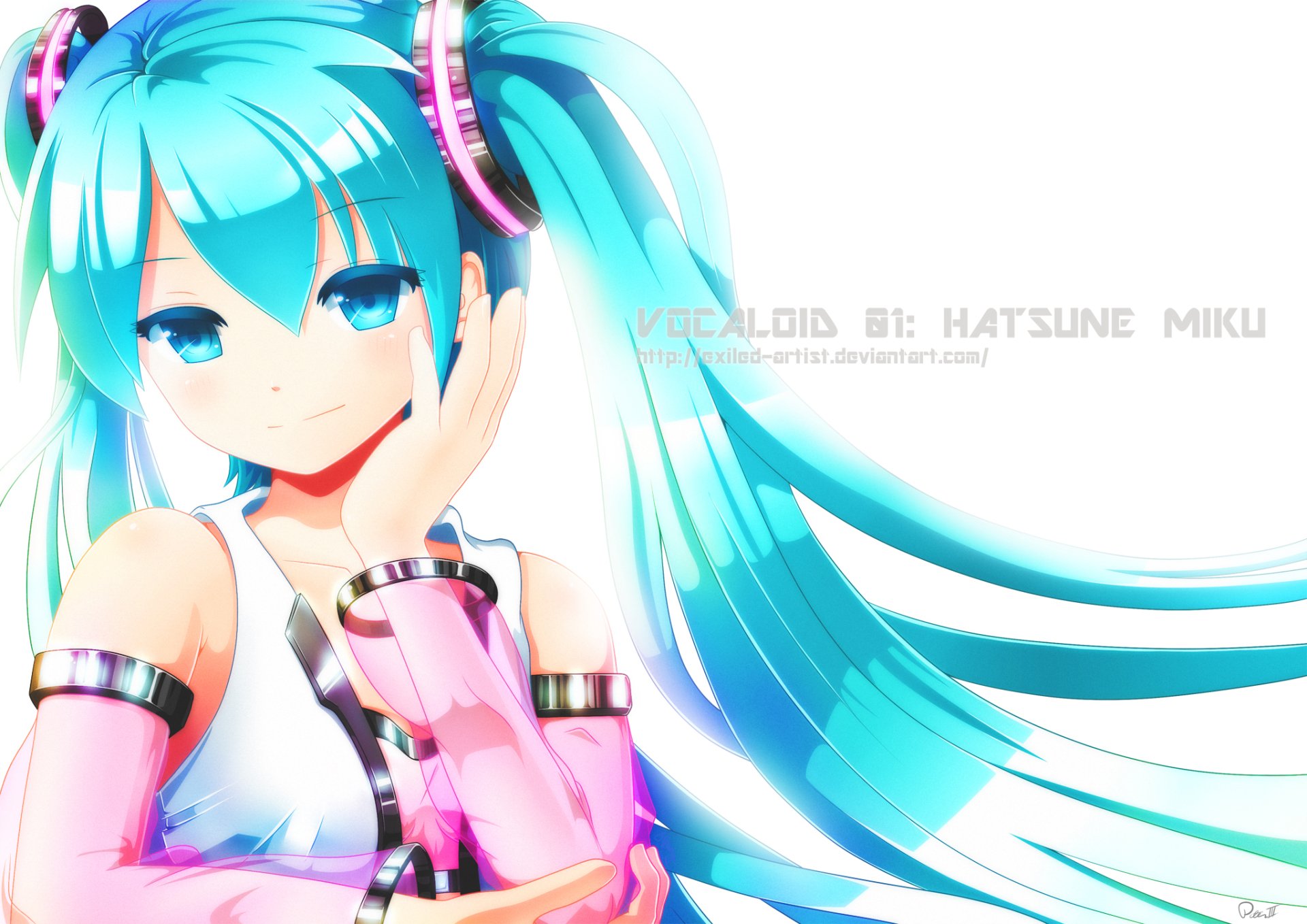 A vibrant HD desktop wallpaper featuring Hatsune Miku, the iconic Vocaloid character, showcases her striking turquoise hair and stylish outfit against a clean background.