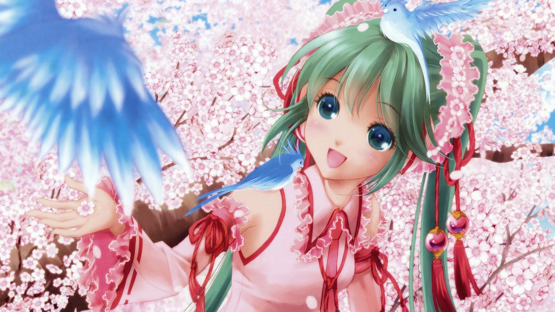 A vibrant HD wallpaper featuring Hatsune Miku, the beloved Vocaloid, surrounded by blooming cherry blossoms and playful bluebirds, bringing a lively anime aesthetic to any background.