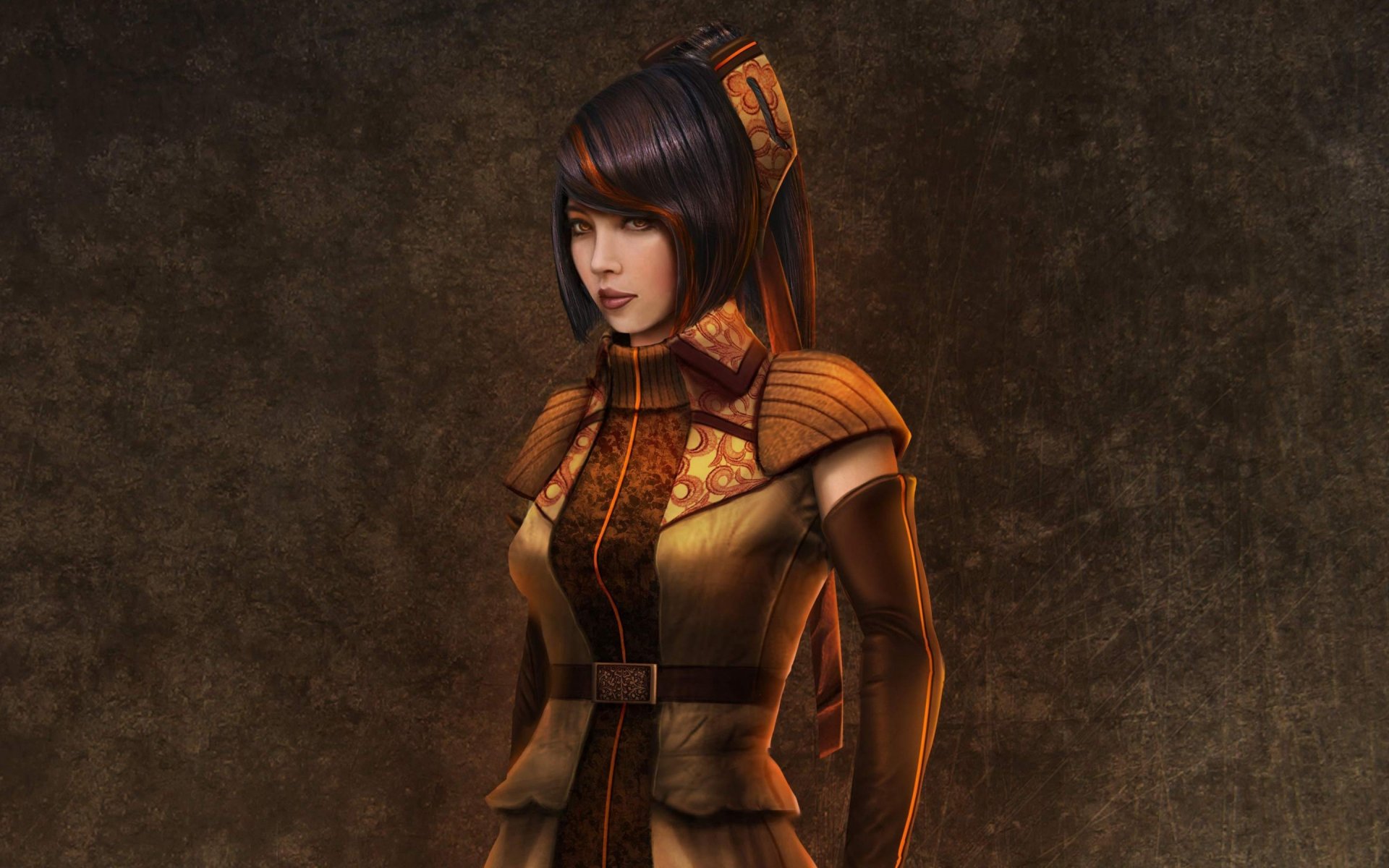 A fantasy woman stands gracefully in a detailed outfit, set against a textured background, creating an evocative HD PC desktop wallpaper and background.