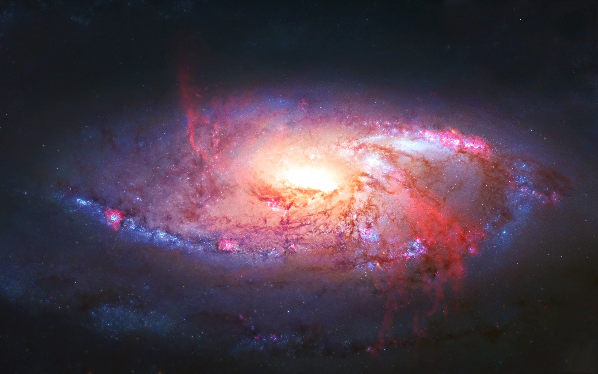 A stunning HD desktop wallpaper featuring a vibrant galaxy, showcasing swirls of pink and blue light against a dark cosmic background, capturing the essence of sci-fi.