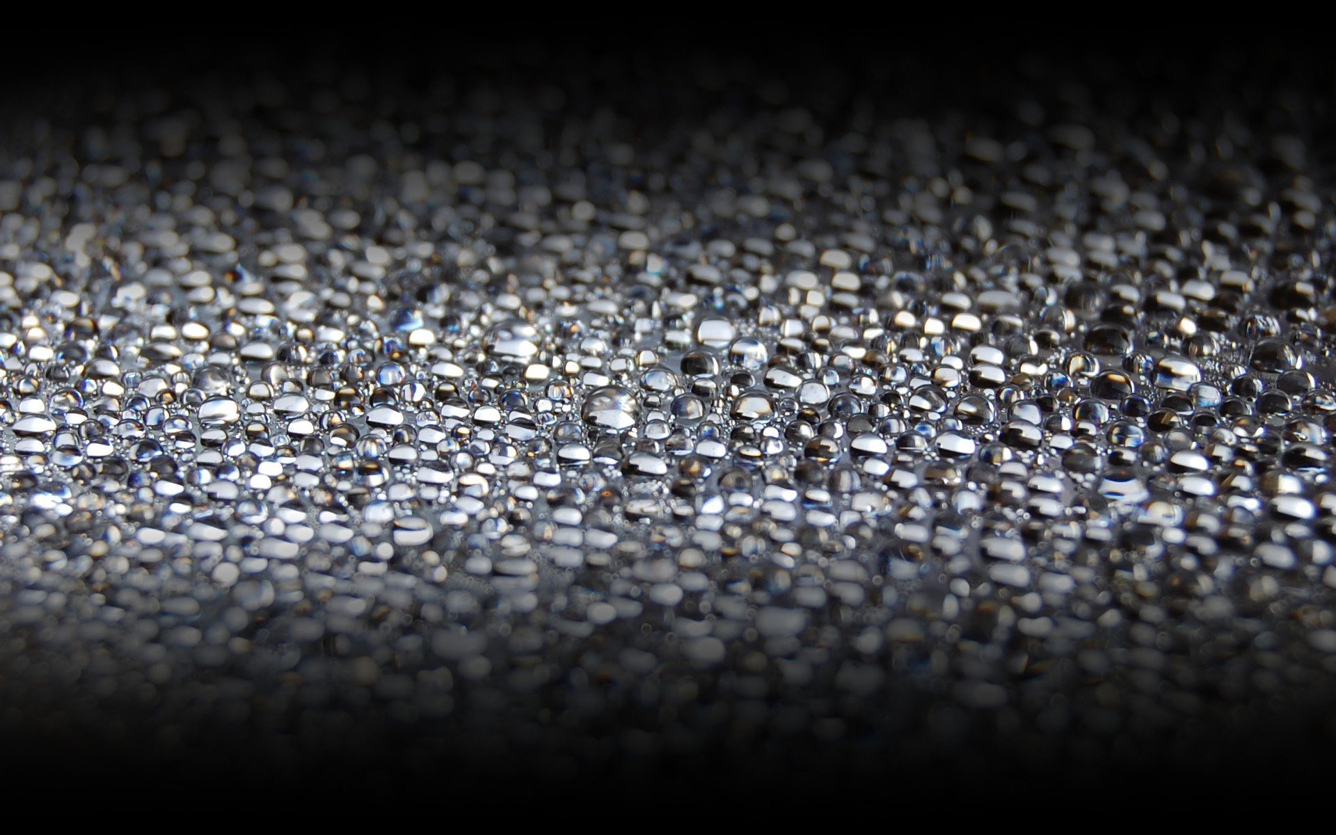 Close-up macro photography of raindrops glistening across a dark surface — HD PC desktop wallpaper background with shimmering highlights and shallow depth of field.