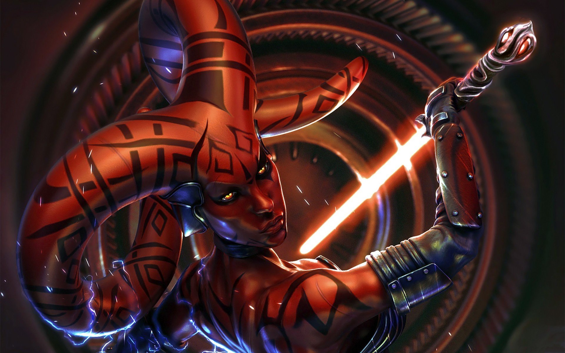 A dynamic Sci-Fi artwork featuring a warrior with intricate tattoos and horns, wielding a glowing weapon against a futuristic backdrop, draws inspiration from the Star Wars universe.