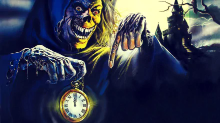 HD desktop wallpaper featuring a sinister, skeletal figure holding a glowing pocket watch, set against a dark, eerie backdrop inspired by the movie Creepshow 2.