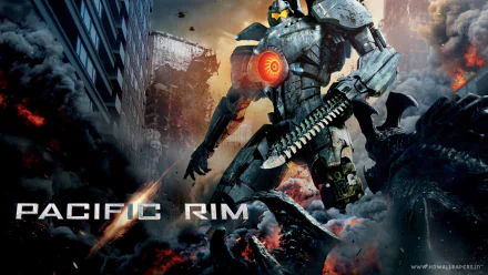 HD desktop wallpaper from the movie Pacific Rim, featuring a giant robot amidst a fiery urban battlefield.