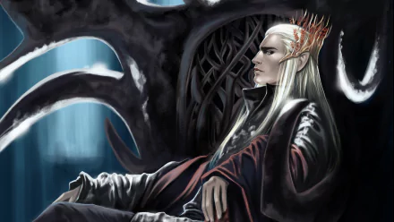 HD PC desktop wallpaper featuring a fantasy elf with silver hair and a regal crown, seated against an intricate, dark, organic throne in a mystical setting.