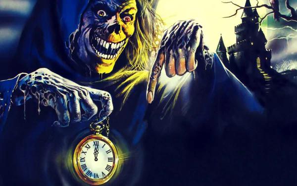 HD desktop wallpaper featuring a sinister, skeletal figure holding a glowing pocket watch, set against a dark, eerie backdrop inspired by the movie Creepshow 2.