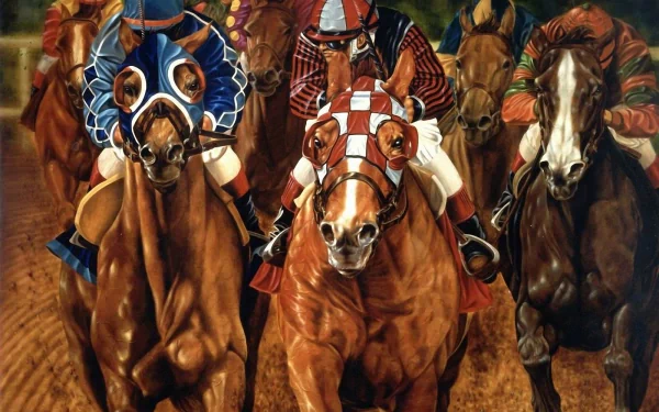HD PC desktop wallpaper featuring a dynamic horse racing scene with jockeys in colorful gear competing in a high-speed sports event.