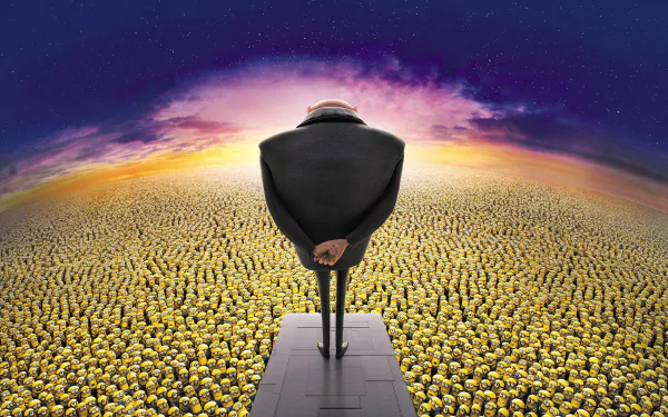 Gru from Despicable Me stands confidently overlooking a vast crowd of Minions, set against a vibrant sunset, capturing the essence of Despicable Me 2 in this HD desktop wallpaper.